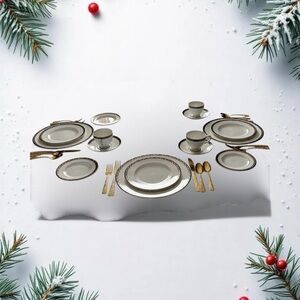 Wedgwood Elegant White Dinnerware with Gold and Blue Trim. Ten place settings